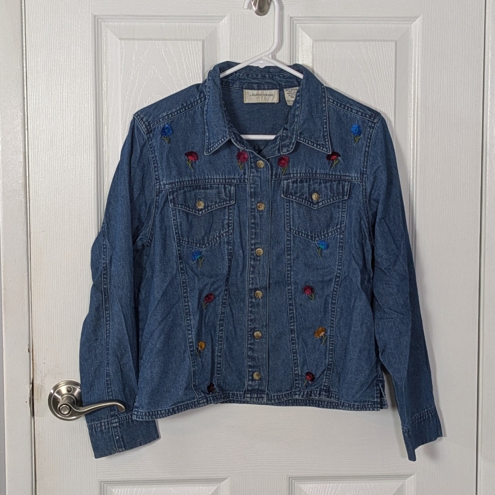 Vintage 90s‎ Lemon•Grass Embroidered 3D Floral 100% Cotton Denim Jacket Size PM